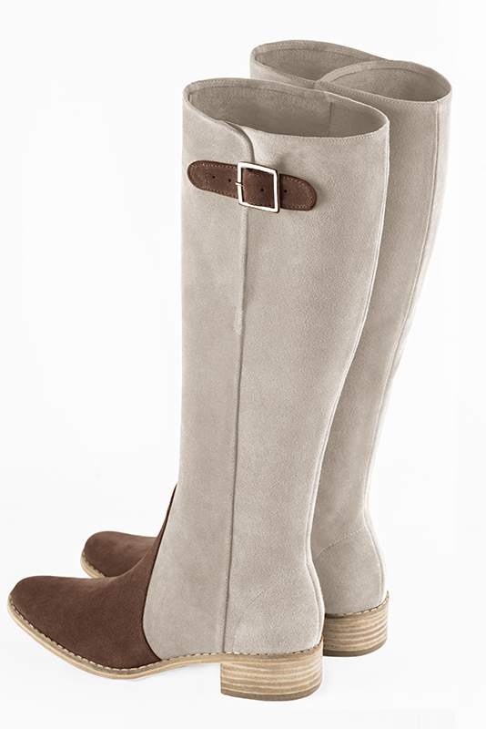 Chocolate brown and off white women's knee-high boots with buckles. Round toe. Low leather soles. Made to measure. Rear view - Florence KOOIJMAN